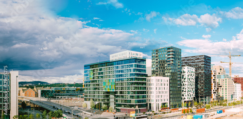 Fotografie, Tablou Oslo Norway. Night Panoramic View Of Contemporary District Of Hi