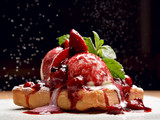 Yogurt dessert with berries strawberry and cherry on bakes toast