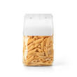 Transparent plastic pasta bag with paper label isolated on white background. Packaging template mockup collection. With clipping Path included. Stand-up Front view. Penne Rigate shape