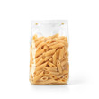 Transparent plastic pasta bag isolated on white background. Packaging template mockup collection. With clipping Path included. Stand-up Front view. Penne Rigate shape