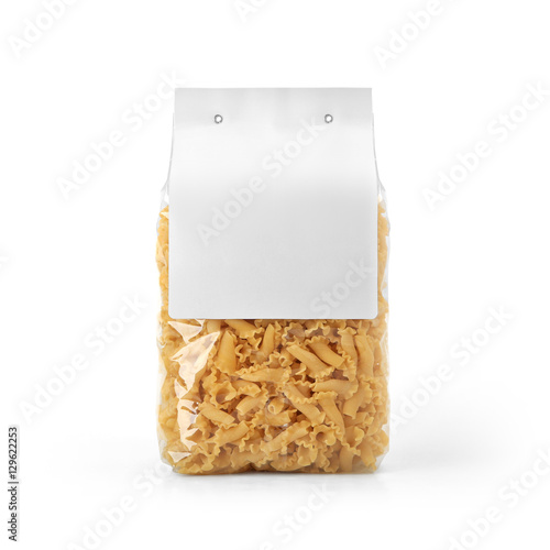 Download Transparent plastic pasta bag with paper label isolated on white background. Packaging template ...