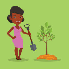 Canvas Print - Woman plants tree vector illustration.