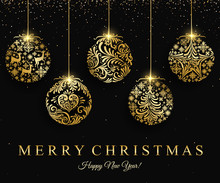 Merry Christmas Gold Ball Decoration For Greeting Card, Invitation, Celebratory Design. Vector Illustration