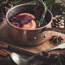 Spicy Mulled Wine With Orange, Cinnamon And Anise. Rustic Backgr