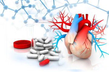 Virtual image of human heart with medicine. 3d render .