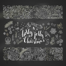 Chalk Merry Christmas Decorations And Design Elements On Blackboard Background.