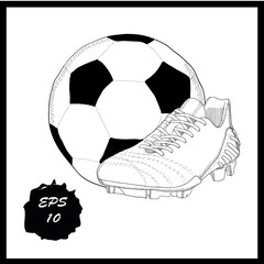 Wall Mural - hand drawn graphic football boots with ball on white background. Doodle Design isolated object for logo.