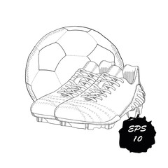 Wall Mural - hand drawn graphic football boots with ball on white background. Doodle Design isolated object for logo.