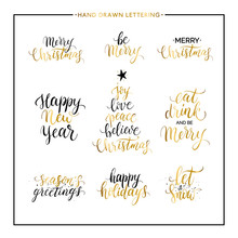 Christmas And New Year Phrases And Quotes - Merry Christmas, Happy Holidays, Seasons Greetings, Let It Snow, Handwritten Vector Gold Xmas Lettering For Greeting Card, Poster, Invitation, Banner, Print