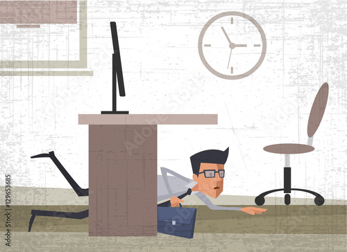 Young Businessman Hiding Under A Desk Running Away From Work