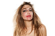 beautiful young woman with messy hair smeared makeup