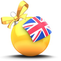 3d illustration of orange Christmass ball over white background with UK flag and yellow ribbon