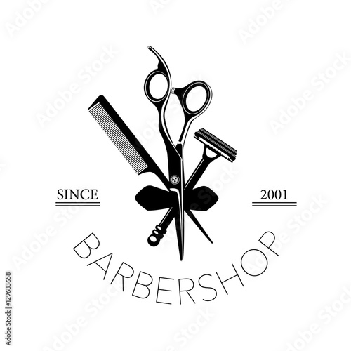 Logo for barbershop, hair salon with barber scissors, razor and comb