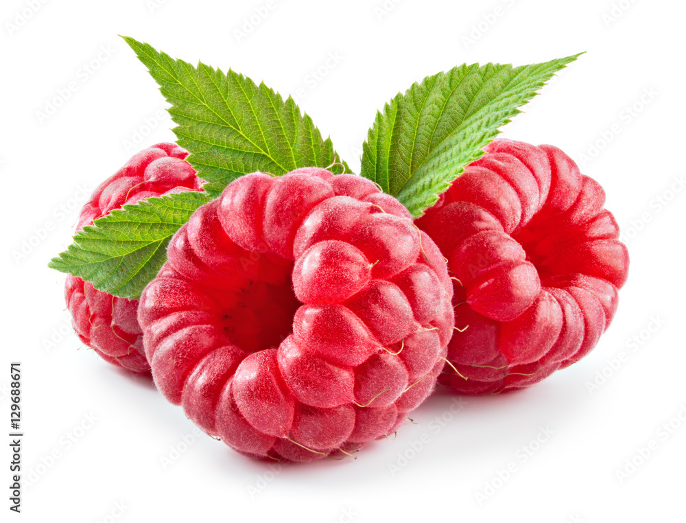 Raspberry with leaves isolated on white background. - obrazy, fototapety, plakaty 