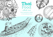 Asian food background. Asian food poster. Thai food menu restaurant. Thai food sketch menu. Vector illustration