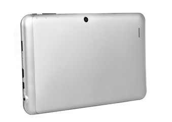 Tablet device black with silver metal back left side