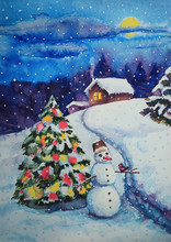 Christmas And New Year Card Watercolor Painting