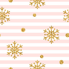 Wall Mural - christmas gold snowflake seamless pattern. golden glitter snowflakes on blue and white diagonal line