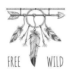Wall Mural - Native american accessory with arrow feathers and lettering free wild isolated on white. Vector illustration