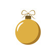 Christmas tree gold ball with bow. Golden bauble decoration, isolated on white background. Symbol of Happy New Year, Xmas holiday celebration, winter. Flat design for card. Vector illustration