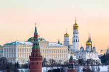 Moscow Kremlin Closeup At Frosty Winter Morning And Golden Sky.