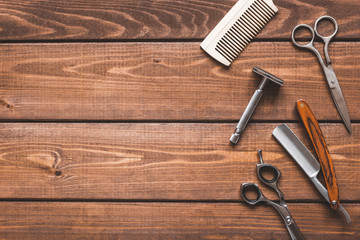 Wall Mural - Tools for cutting beard barbershop top view