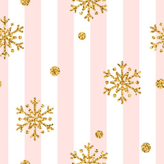Wall Mural - christmas gold snowflake seamless pattern. golden glitter snowflakes on pink and white lines backgro