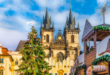 Christmas Tree And Fairy Tale Church Of Our Lady Tyn In Magical Prague, Czech Republic