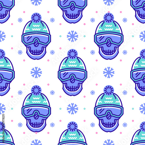 Materiał do szycia Snowboard wzór, wzór zima sport. Linia modny czaszki ikony w snowboardzie sprzęt, białe tło. Odzież sportowa wzór włókienniczych, hipster nowoczesny minimalistyczny design, ilustracji wektorowych