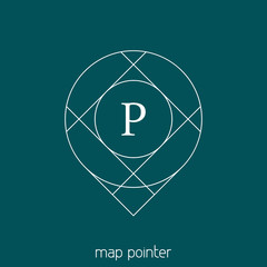 Poster - Simple linear map pointer in hipster style with letter P. Outlin
