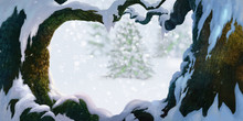 Snow On Big Tree Foreground In Pine Forest Christmas Tree Painting Illustration