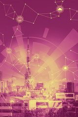 Leinwandbilder - duo tone graphic of smart city and wireless communication network, Internet of Things, abstract image visual
