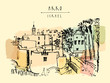© babayuka - Panorama of Akko, Israel. Vintage artistic hand drawn postcard