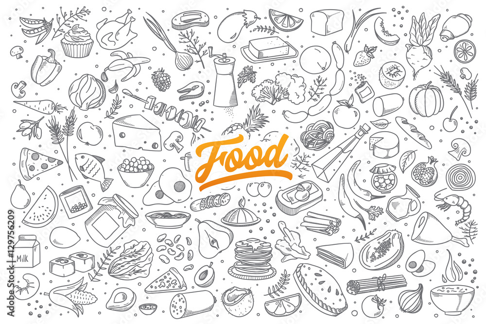 Hand drawn set of healthy food ingredient doodles with lettering in vector - obrazy, fototapety, plakaty 