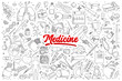Hand drawn set of medicine doodles with red lettering in vector