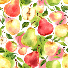 Fotofirana seamless pattern with watercolor apples and pears on white background