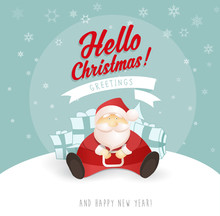 Merry Christmas And Happy New Year Greeting Card With Santa Sitt
