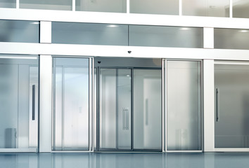 blank sliding glass doors entrance mockup, 3d rendering. commercial automatic slide entry mock up. o