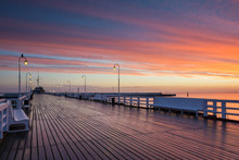 Pier In Sopot At Sunrise Time With Amazing Colorful Sky. Poland. Europe.