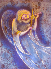 The Girl An Angel Plays A Soul Melody On A Violin. The Image Of An Angel On Is Violet A Blue Background
