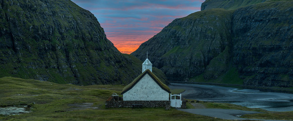 Wall Mural - Panoramic view of Saksun church, Faroe Islands