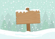 Cute Cartoon Clip Art - Blank wooden direction sign with white snow on village and falling snow background, Christmas background