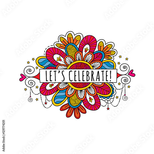 Let’s Celebrate Banner surrounded by stars, doodles, swirls and