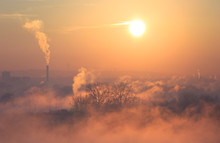 Smog, Fog And Pollution In Lyon During A Winter Sunrise.