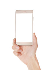 Poster - Hand holding smart phone on white background