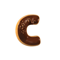 Chocolate Donut Font Concept. Delicious Letter C. 3d rendering isolated on white background