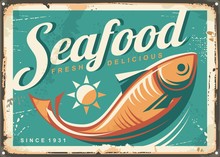 Seafood Restaurant Vintage Style Signpost Design Concept With Fish Illustration On Turquoise Blue Background