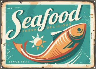 Seafood restaurant vintage style signpost design concept with fish illustration on turquoise blue background