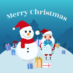 Wall Mural - Merry Christmas. Cute santa Claus holding gift box with snow man. Cartoon Vector Illustration.