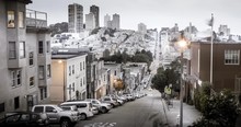 North Beach, San Francisco. A Sunset View Towards Russian Hill. Rendered With A Aged Grunge Color Effect.